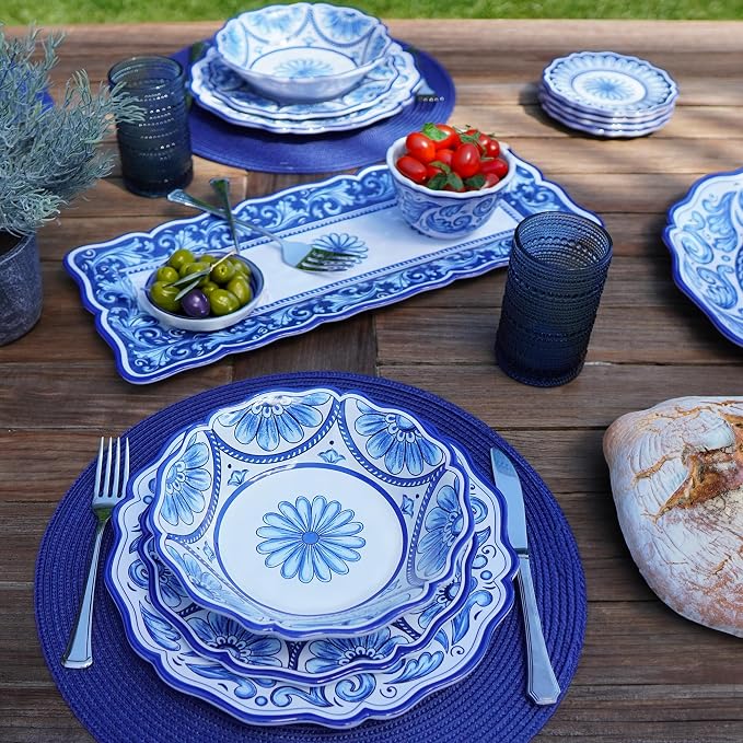 Veranda Melamine 12-Piece Dinnerware Set, Service for 4 – Includes Dinner Plates, Salad Plates, and Bowls – Elegant Blue and White for Everyday Use, Indoor/Outdoor Dining, and Entertaining