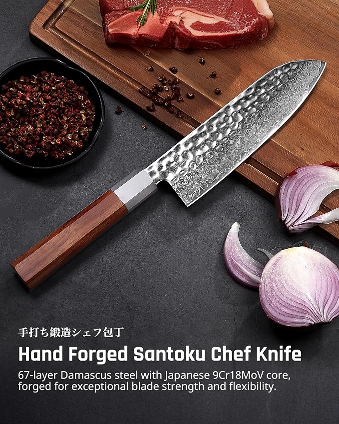 YOTSUBA 7" Damascus Japanese Santoku Chef Knife – Forged High Carbon Stainless Steel (60±2 HRC) – Ultra Sharp & Long-Lasting – Pro Chef Knife with Ergonomic Natural Hardwood Handle – Gift for Kitchen