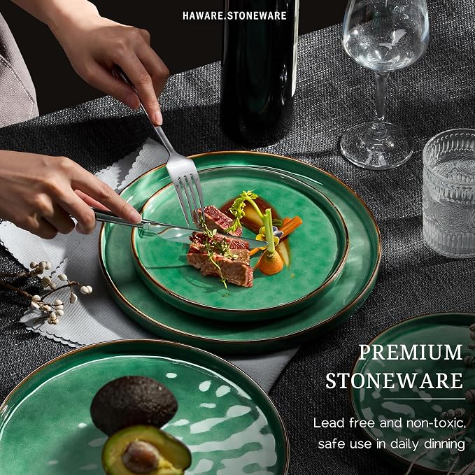 HaWare 16-Piece Dinnerware Set for 4, Reactive Green | Stoneware, Ripple Surface, Scratch Resistant, Microwave &Dishwasher Safe