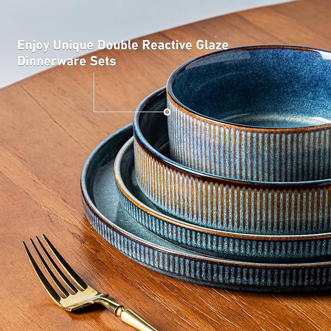 GBHOME 18-Piece Stoneware Dinnerware Set for 6 – Ribbed Ceramic Plates and Bowls, Scratch-Resistant, Microwave & Dishwasher Safe, Reactive Glaze, Ceylon Blue
