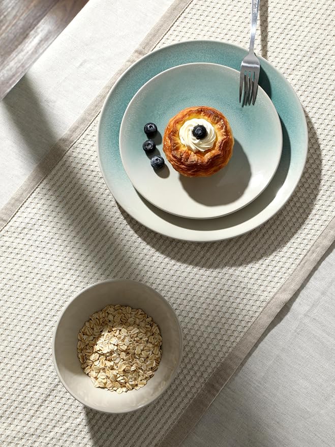 Famiware Glacier Stoneware Dinnerware Sets, 24-Piece Plates and Bowls Set for 8, Reactive Glaze Dishes, Everyday & Formal Use, Dishwasher/Microwave Safe, Chip/Scratch Resistant, Two-Color Glazed, Aqua