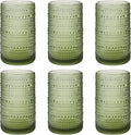 Vintage Hobnail Drinking Glasses Set of 6, 16 oz Large Capacity Embossed Green Tumblers, Highball Glasses for Water, Cocktail, Beer, Whiskey, Kitchen & Bar Use