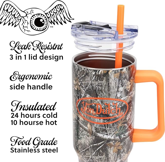 Von Dutch 40oz Double Walled Insulated Food Grade Stainless Steel Tumbler with Handle, BPA Free - 24 Hours Cold / 10 Hours Hot (Forest)