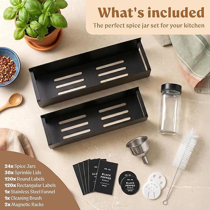 EDELHAUS Square Glass Spice Jars (24 x 4oz) with Black Lids + Magnetic Spice Rack for Refrigerator (Fits 12 Jars) + Bonus Slim Auxiliary Rack, 240 Labels, Shaker Inserts, Funnel