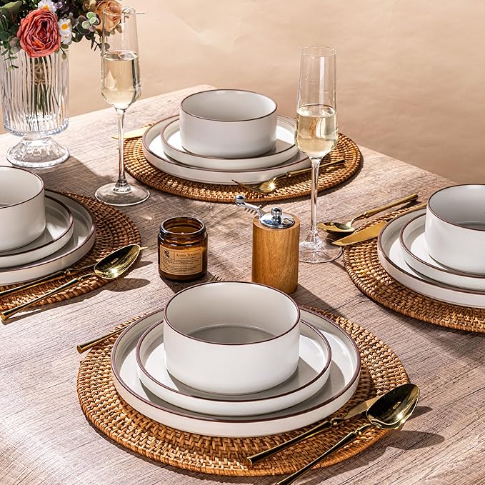 LERATIO Ceramic Dinnerware Sets for 6, High Edge Stoneware Plates and Bowls Set, Chip and Crack Resistant | Oven & Dishwasher & Microwave Safe Dishes Set, Service for 6 -Vanilla White