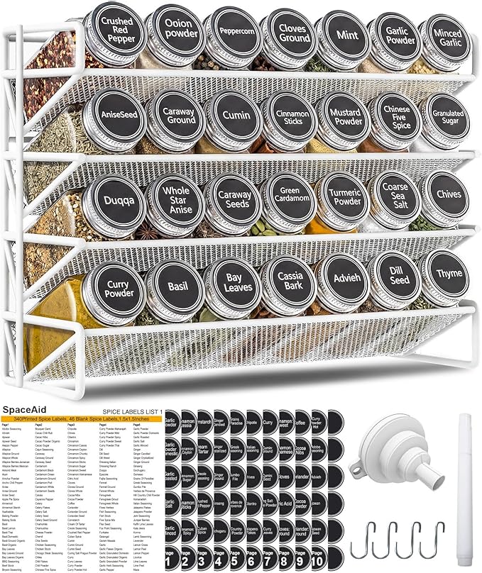 UVIAHOMI Magnetic Spice Rack Organizer for Refrigerator with 28 Spice Jars, 386 Spice Labels, 4 Hook, Chalk Marker and Funnel Set, Magnetic Shelf for Seasoning Organizer, 13.2'' W x 9.8 H, White