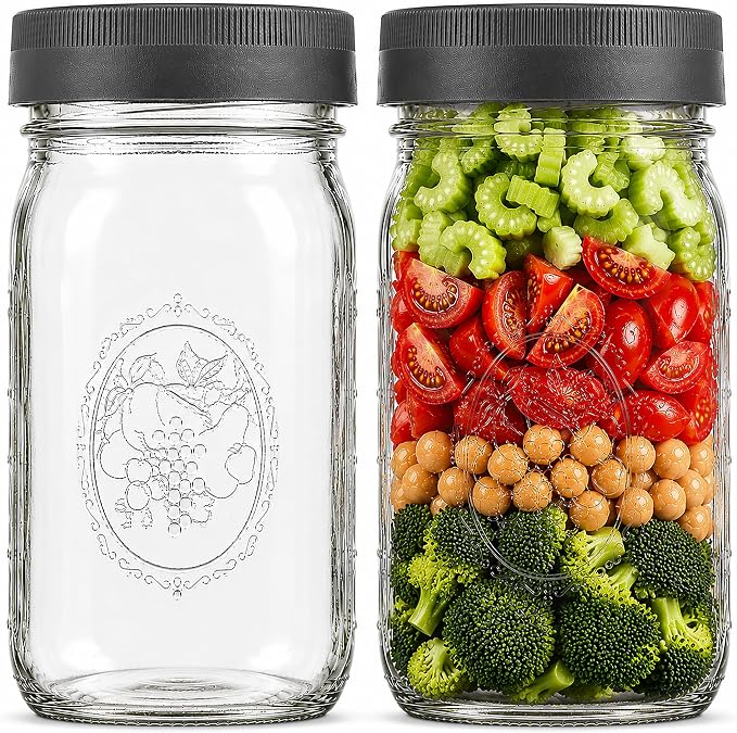 Wide Mouth Mason Jars 32 oz [2-Pack] with Airtight Lids – Glass Meal Prep Jars for Salads, Overnight Oats & Food Storage | BPA-Free Leak-Proof Lids