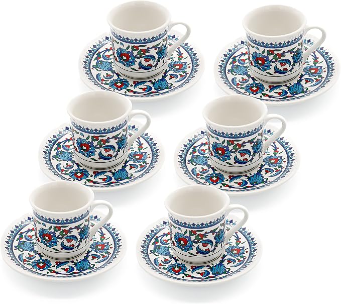 Turkish Coffee Cup Set of 6 with Saucers & Holder – Ceramic, Dishwasher-Safe, Keeps Warm – Patterned Turkish Espresso Cups Set for Home & Office (Set Of 6)
