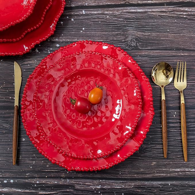 Christmas Red 18 Piece Beaded Melamine Dinnerware Sets, Service for 6, Lightweight Unbreakable, BPA Free With Scalloped rim Plates and Bowls Sets, Dishwasher Safe, Indoor and Outdoor Use