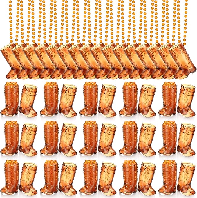 Sieral 48 Pcs Cowboy Boot Shot Glasses on Beaded Necklace Plastic Reusable Cowgirl Shot Boot Glasses Necklace Party Cups for Cowboy Cowgirl Bachelorette Carnival Western Birthday (Transparent Brown)