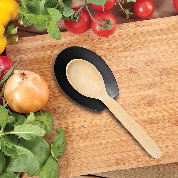 Oggi Spooner Stainless Steel Spoon Rest - Mess Free Cooking, Great for Kitchen Counter, Black, 5.25 x 3.5 Inch
