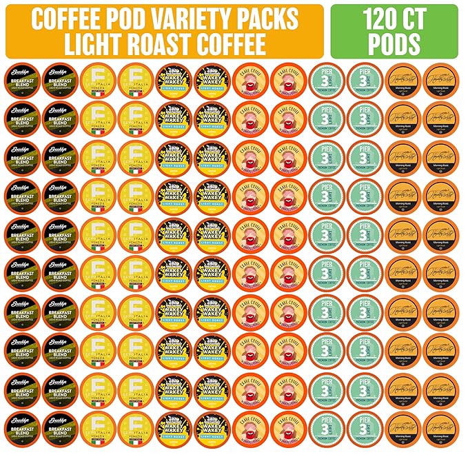 Coffee Pod Variety Packs Light Roast Sampler, Assorted, Compatible with 2.0 K-Cup Brewers, Variety Pack, 120 Count (Pack of 1)
