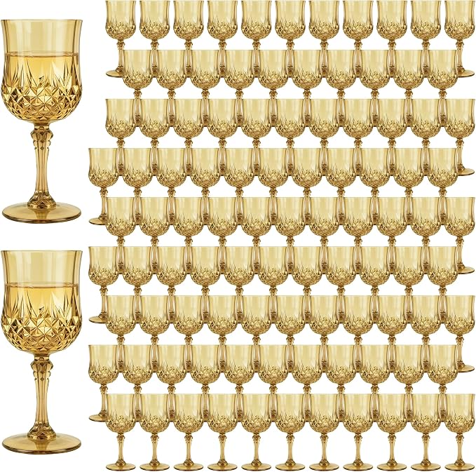 Plastic Wine Glasses, Plastic Goblets Vintage Style Cordial Unbreakable Drinking Glasses, Reusable Drinkware for Wedding Reception, Grand Event Party Supplies (100, Gold)