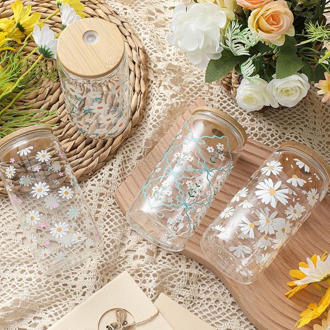 Mumufy 4 Pack Wildflower Glass Cups Gift Aesthetic Cute Glass Cup Tumbler Flower Iced Coffee Mugs 16 oz with Bamboo Lid & Straw, for Wedding Birthday Bridesmaid Mom Baby Shower