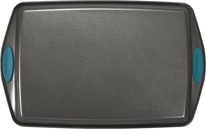 Rachael Ray Nonstick Bakeware Cookie Pan Set, 3-Piece, Gray with Marine Blue Silicone Grips