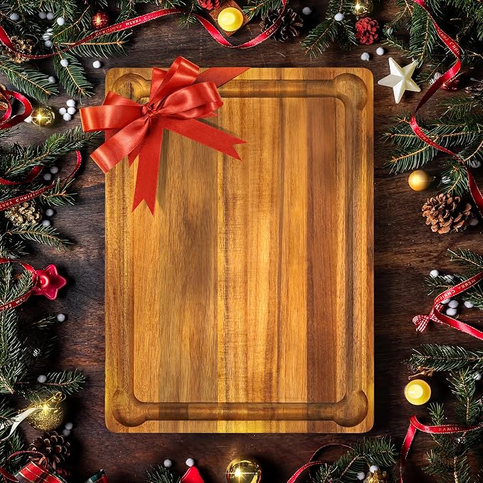 Yes4All Durable Acacia Cutting Boards for Kitchen, [17''Lx13''Wx1.5” Thick] Medium Edge Grain Cutting Board, Pre Oiled Wood Cutting Boards, Thick Chopping Board w/Juice Grooves and Easy Grip Handle