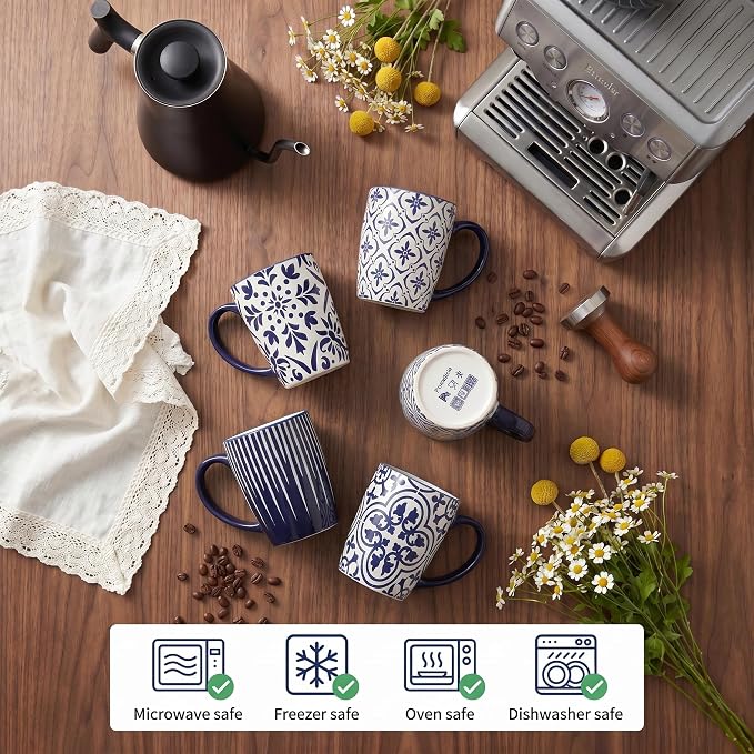 glowworm Ceramic Coffee Mugs, 16 Ounce Coffee Cups with Handle for Cappuccino, Milk, Hot Cocoa, Tea, Vintage Coffee Mug for Kitchen, Dishwasher & Microwave Safe, Set of 6, Blue&White