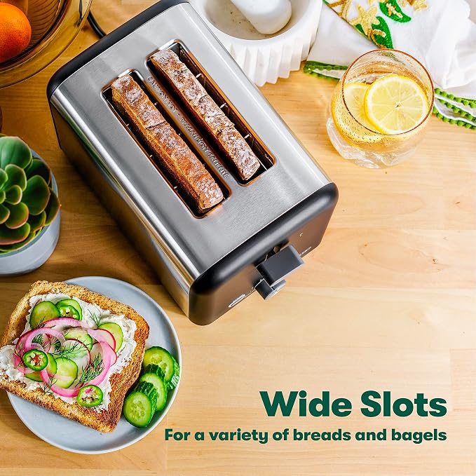 bella 2 Slice Toaster, Quick & Even Results Every Time, Wide Slots Fit Any Size Bread Like Bagels or Texas Toast, Drop-Down Crumb Tray for Easy Clean Up, Stainless Steel and Black