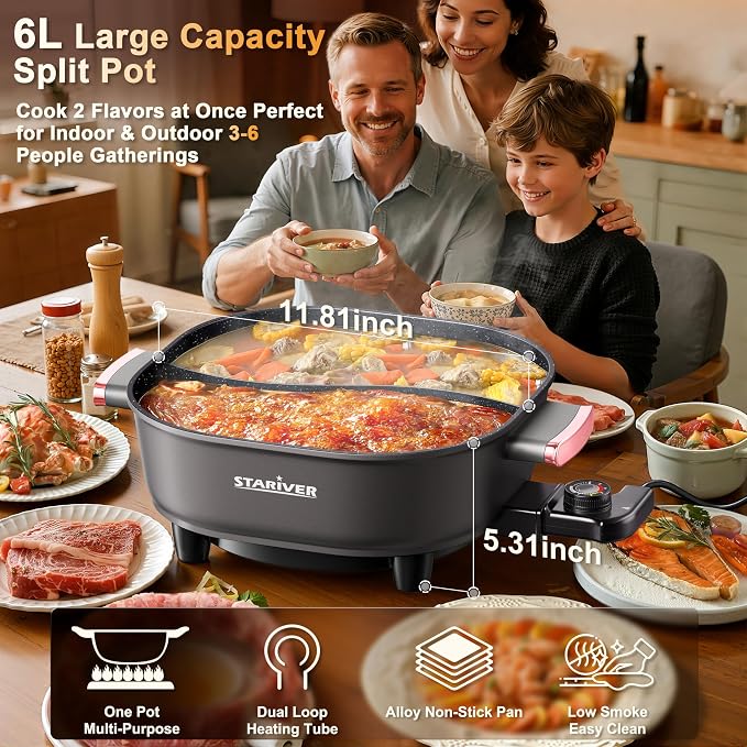 Stariver 6L Electric Hot Pot with Divider, 1300W, Dual-Flavor Pot for Two Broths, 5-Temp Control & Non-Stick Coating, Electric Pot for Shabu Shabu, Fondue, Perfect for Family Gatherings & Parties