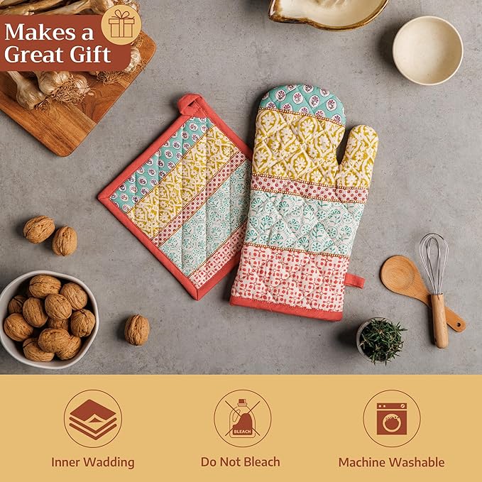 Maison d' Hermine Pot Holders 100% Cotton Heat Resistant Potholders 8" x 8" Hot Pads with Loop BBQ Cooking Baking Gifts for Mothers Day Handling Hot Pans Spring/Summer (Pack of 2, Provence)