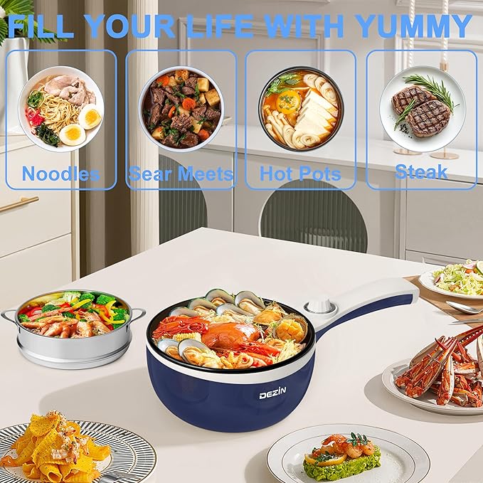 Dezin Hot Pot Electric with Steamer Upgraded, Non-Stick Sauté Pan, Rapid Noodles Electric Pot, 1.5L Mini Pot for Steak, Egg, Fried Rice, Ramen, Oatmeal, Soup with Power Adjustment