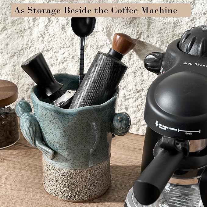6.38“H Utensil Holder for Kitchen Counter, Modern Farmhouse Cooking Utensil Holder and Crock Home Kitchen Decor, Ceramic Utensil Organizer for Spatula, Ladle, Eggbeater, Rolling Pin- Blue and Brown