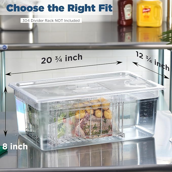 CURTA 26 Qt Extra Large Sous Vide Container with Notched Lid, 1/1 Full Size 8" Deep Polycarbonate Water Bath Tub, Fits Anova and Most Cookers (Immersion Circulator NOT Included)
