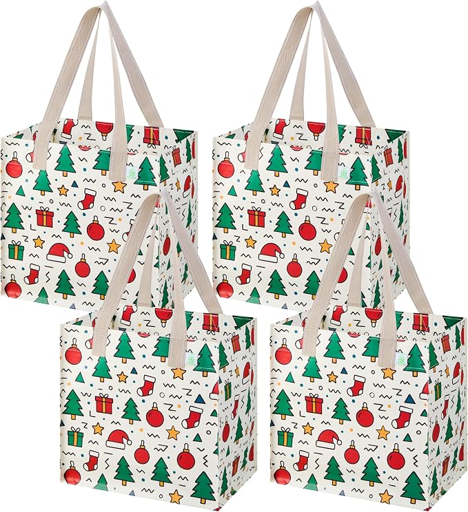 VENO 4 Pack Reusable Grocery Bags, Heavy-Duty Shopping Bags with Handles, for Shopping Cart with Hard Bottom to Stand Upright, Foldable (Jingle Mix, 4 Pack)