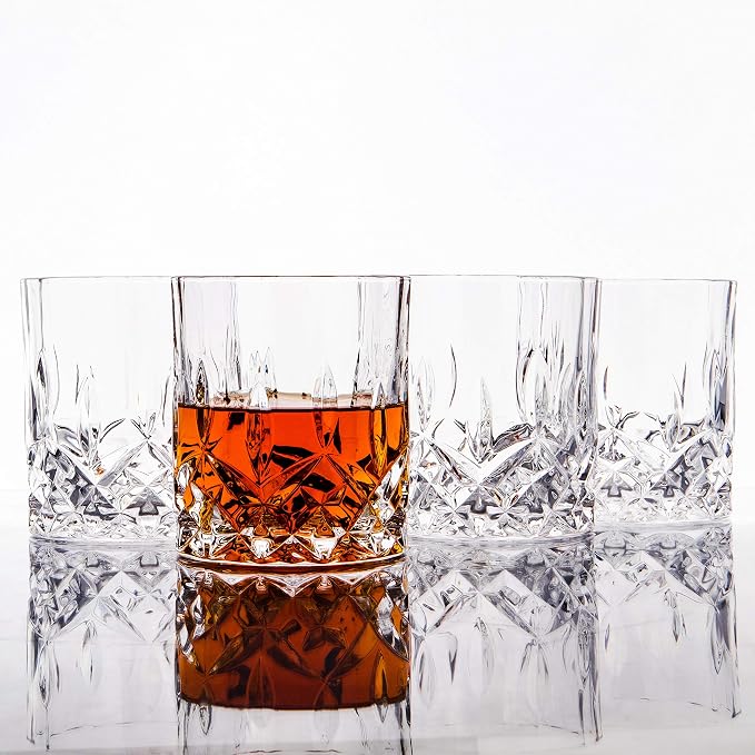 LEMONSODA Crystal Cut Old Fashioned Whiskey Glasses Set of 2, 4, 6-10oz Ultra-Clear Premium Lead-Free Rocks Glass Tumbler For Drinking Bourbon, Scotch, Cognac, Cocktails (Set of 4)
