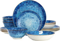 Elama Oceanus 16 Piece Round Shape Porcelain Double Bowl Dinnerware Set, Tableware Set, Table Setting- Service for 4 (Blue)