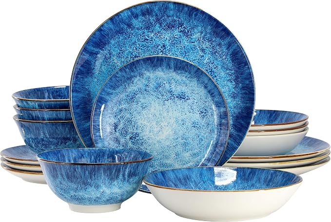 Elama Oceanus 16 Piece Round Shape Porcelain Double Bowl Dinnerware Set, Tableware Set, Table Setting- Service for 4 (Blue)