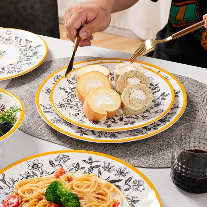 LEHAHA Honeycomb Bee Sweet 12-Piece Melamine Dinnerware Set,Melamine Dishes Set of 4, Lightweight and Unbreakable Garden Floral Dinner Plates and Side plates and All-purpose Bowls Set