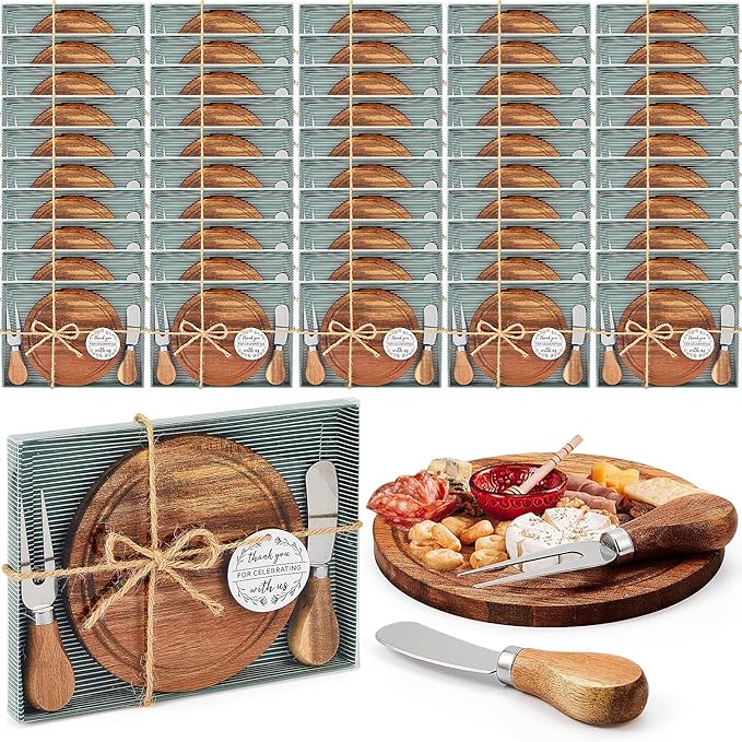 Maxcheck 50 Sets Baby Shower Bridal Game Prizes for Winners Round Cheese Board Set Wood Mini Charcuterie Board with Knives and Forks Thank You Card with Gift Box for Guests Wedding (Acacia)