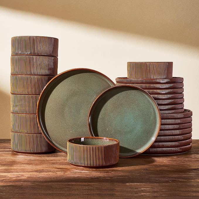 24-Piece Dinnerware Set Service for 8, Famiware Premium Stoneware Dish Set with Ribbed Plates and Deep Bowls, Double Reactive Glaze, Chip & Scratch Resistant, Microwave & Dishwasher Safe, Moss Cocoa