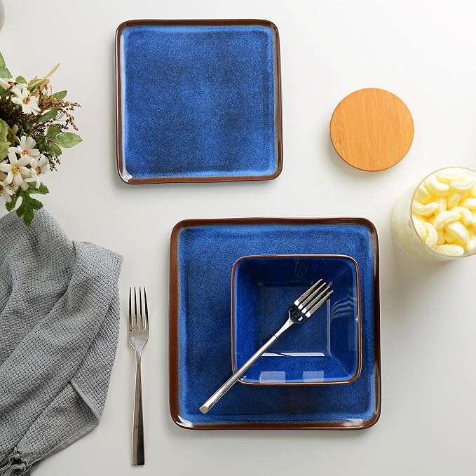 Melamine Dinnerware Sets, 12 Pcs Square Plates and Bowls Sets of 4, Unbreakable Dishes Set for Outdoor Use, Lightweight Dishware Set for Camping,Patio and RV, Dishwasher Safe, Navy Blue