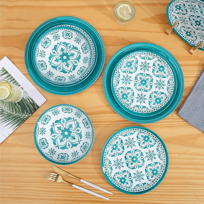 Webbylee Melamine Dinnerware Set，12-Piece Plate and Bowl Sets，Unbreakable Dish Set Service for 4–Dishwasher Safe&Lightweight Dishes,Green Dinnerware for Indoor/Outdoor Use, Gift