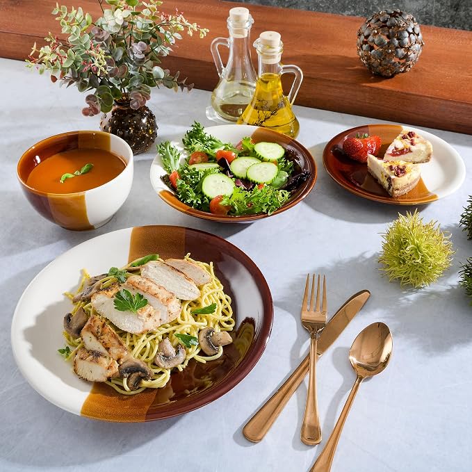 Gibson Elite Autumn Canopy Stoneware Double Bowl Plates and Bowls Dinnerware Set, Service for 4 (16pcs)