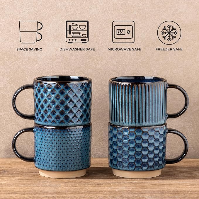 GBhome 15OZ Stackable Coffee Mugs, Ceramic Coffee Mugs with Texture Patterns for Man,Woman,Dad,Mom, Modern Coffee Mugs Set of 4 for Latte/Cappuccino/Cocoa. Dishwasher&Microwave Safe,
