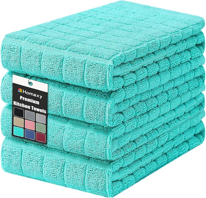 Homaxy Premium Cotton Kitchen Towels 16"x 28", Large Natural Ring Spun 390 GSM Dish Towels, Super Absorbent Terry Kitchen Hand Towels, Soft Tea Towels with Hanging Loop, Pure Aqua Check Design, 4 Pack