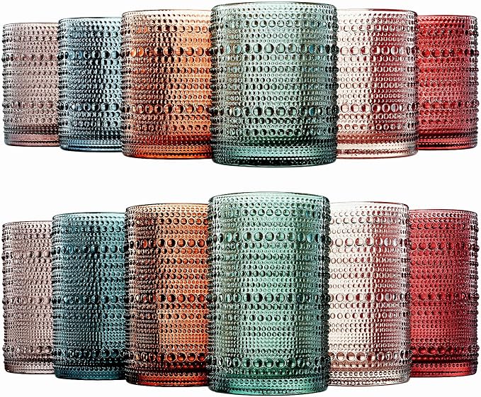 Khen Hobnail Beaded Highball Drinking Tumbler Glasses | Set of 12 | Color, Vintage Bubble Design Whiskey Glassware, Old-Fashioned, Embossed Design for Water, Wine, Cocktail Embossed, Rocks Glass