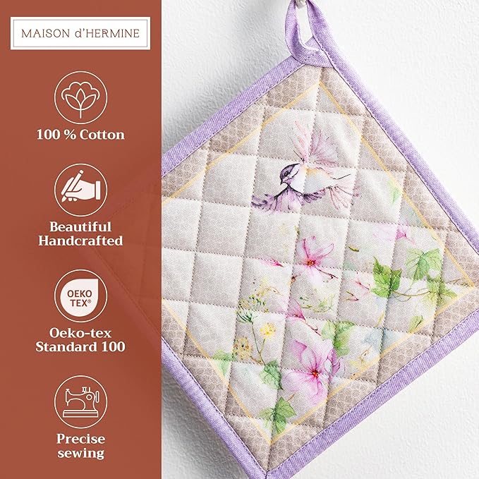 Maison d' Hermine Pot Holders 100% Cotton Heat Resistant Potholders 8" x 8" Hot Pads with Loop Cooking Baking Gifts for Mothers Day Handling Hot Pans Spring/Summer (Pack of 2, Magnolia Mornings)