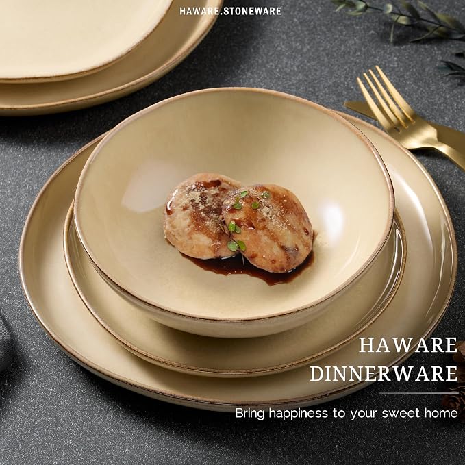 HaWare Plates and Bowls Set, Stoneware Dinnerware Sets, 16-Piece Hand-painted Dishware for 4, Ceramic Dish Set for Home Kitchen, Scratch Resistant, Microwave and Dishwasher Safe, Reactive Sandy Khaki
