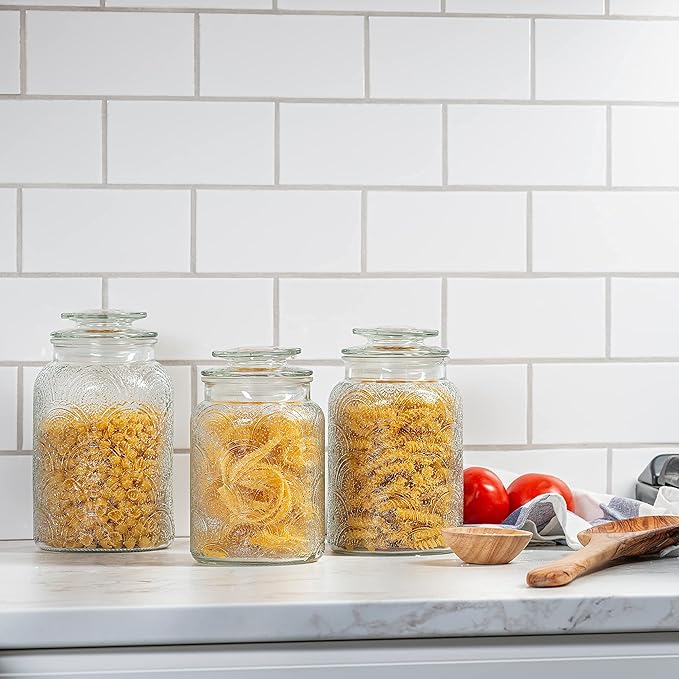 Le'raze Food Storage Containers with Airtight Lids - Retro Design - Pantry Organization, Glass Canisters Storage for Cookies, Tea, Sugar, Candy Jars, Sugar Packet, Set of 3