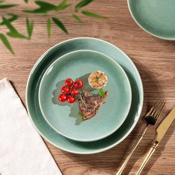 GBHOME Ceramic Dinnerware Sets for 8, 24 Pieces Stoneware Plates and Bowls Sets, Reactive Glaze Dish set -Scratch Resistant, Dishwasher&Microwave Safe-Malachite Green