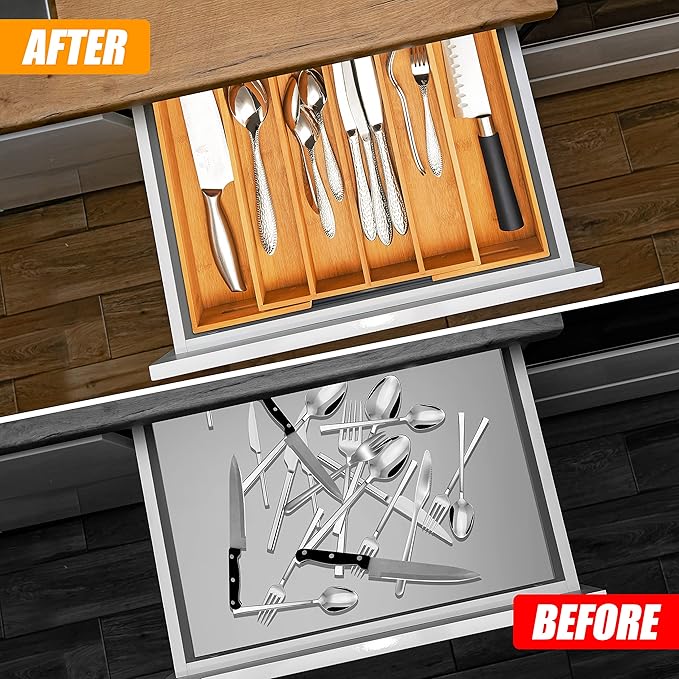 Bellsal Silverware Organizer 2 PIECE with grooves Kitchen Drawer Organizer Expandable Bamboo Utensil Holder Cutlery Tray for Kitchen Utensil and Flatware