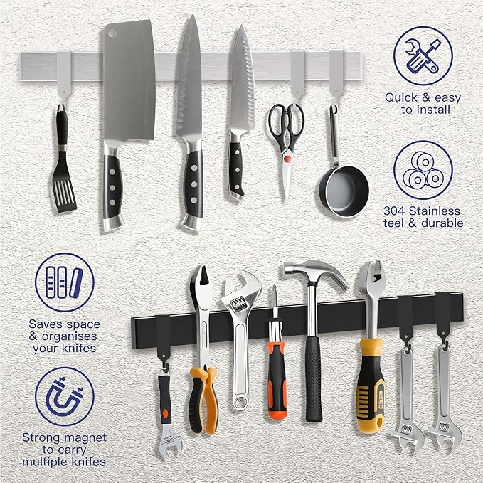 19 Inch Magnetic Knife Holder with Hooks, Strong Wall Mount Magnetic Knife Rack for Kitchen, Stainless Steel Knife Strip Organizer for Utensils, Spoons, Forks