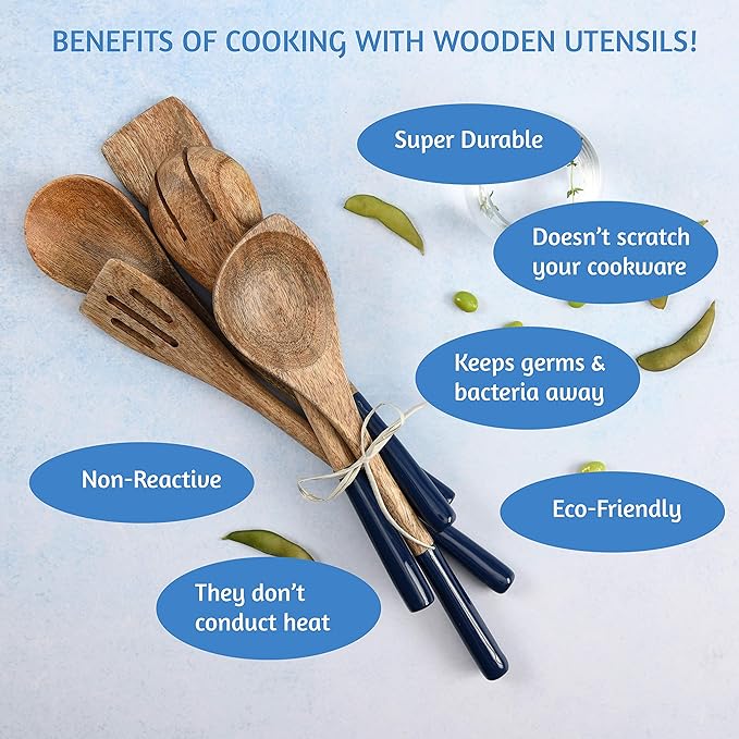 Folkulture Pot Holders for Kitchen | Pack of 2 (8x8) Ribbed Soft Silicone Hot Pads for Kitchen | Oven Pot Holders Set |Wooden Spoons for Cooking | 12" Premium Acacia Wooden Utensil Set of 5