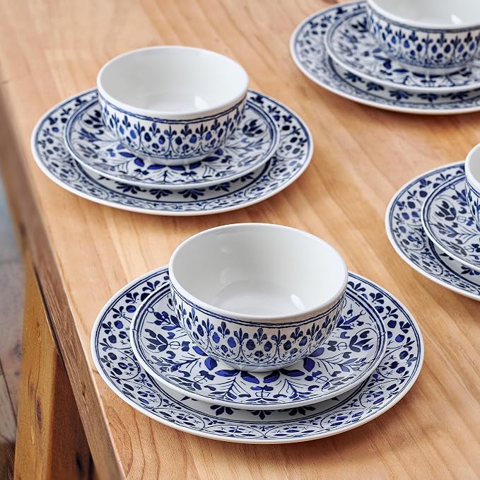 Pfaltzgraff Medallion Radiance 12 Piece Stoneware Dinnerware Plate Bowl Dish Set, Service for 4, Blue