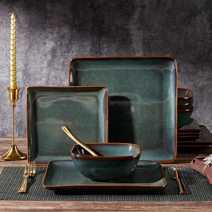 E-far Square plates and bowls Sets for 8, 24-Piece Reactive Glaze Stoneware Dinnerware Sets, Ceramic Dishes for Kitchen Dining, Microwave & Dishwasher Safe, Obsidian Green