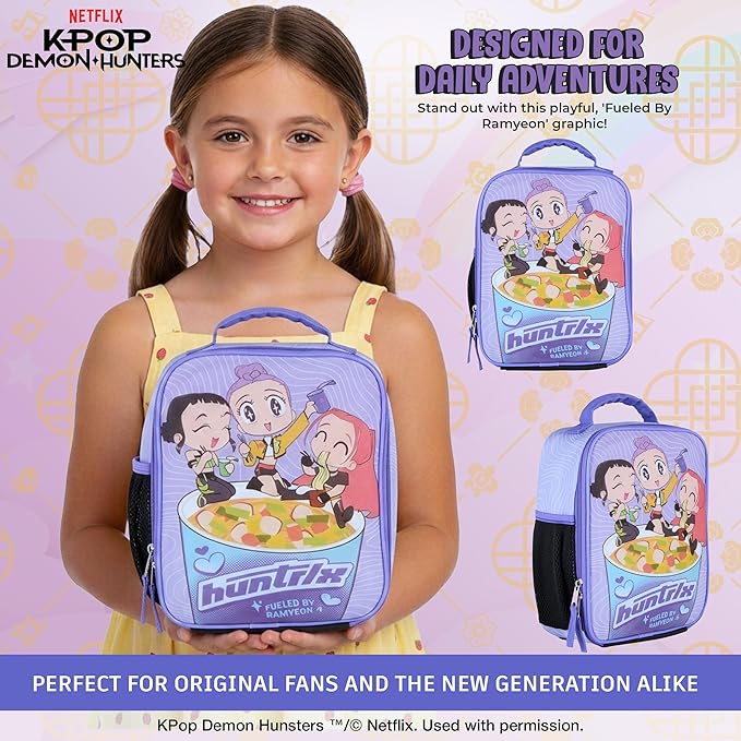 K-Pop Demon Hunters Huntrix Fueled by Ramyeon Lunch Box, Full Zip Around Insulated Lunch Tote Bag For Hot and Cold Food, Purple
